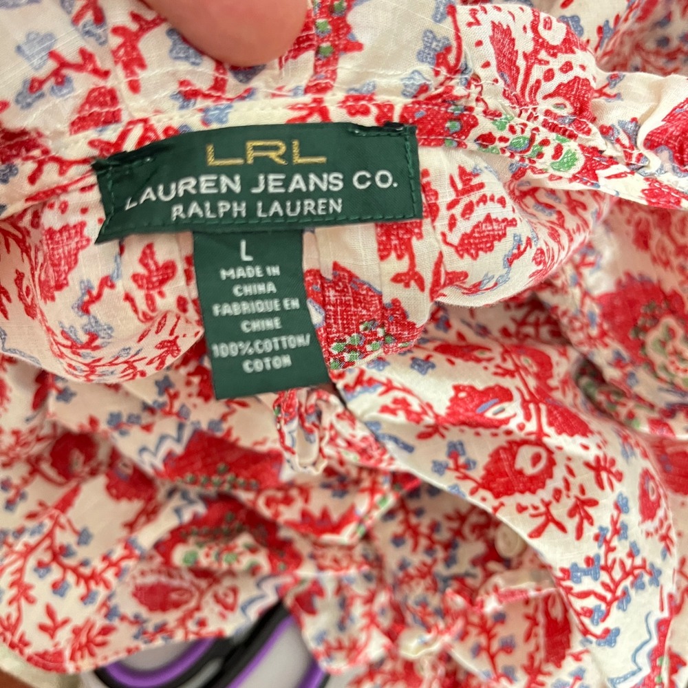 Lauren Ralph Lauren Blouse Womens Large Red Floral Smocked Waist Ruffle Top - Picture 4 of 4